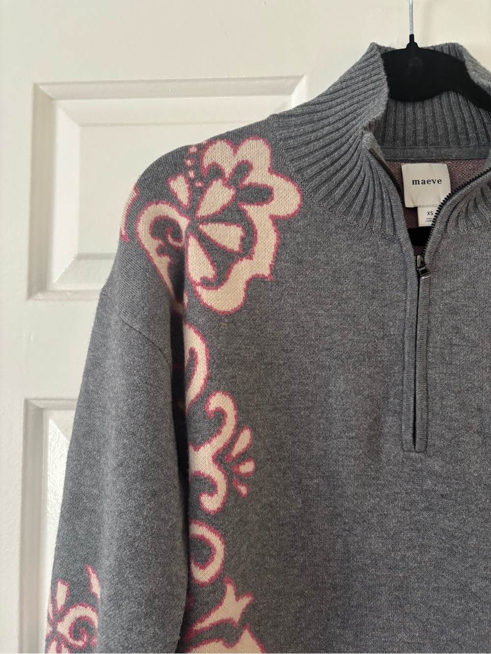Maeve by Anthropologie Gray Floral Quarter Zip Sweater | XS | Cozy Knit Pullover - Picture 5 of 8